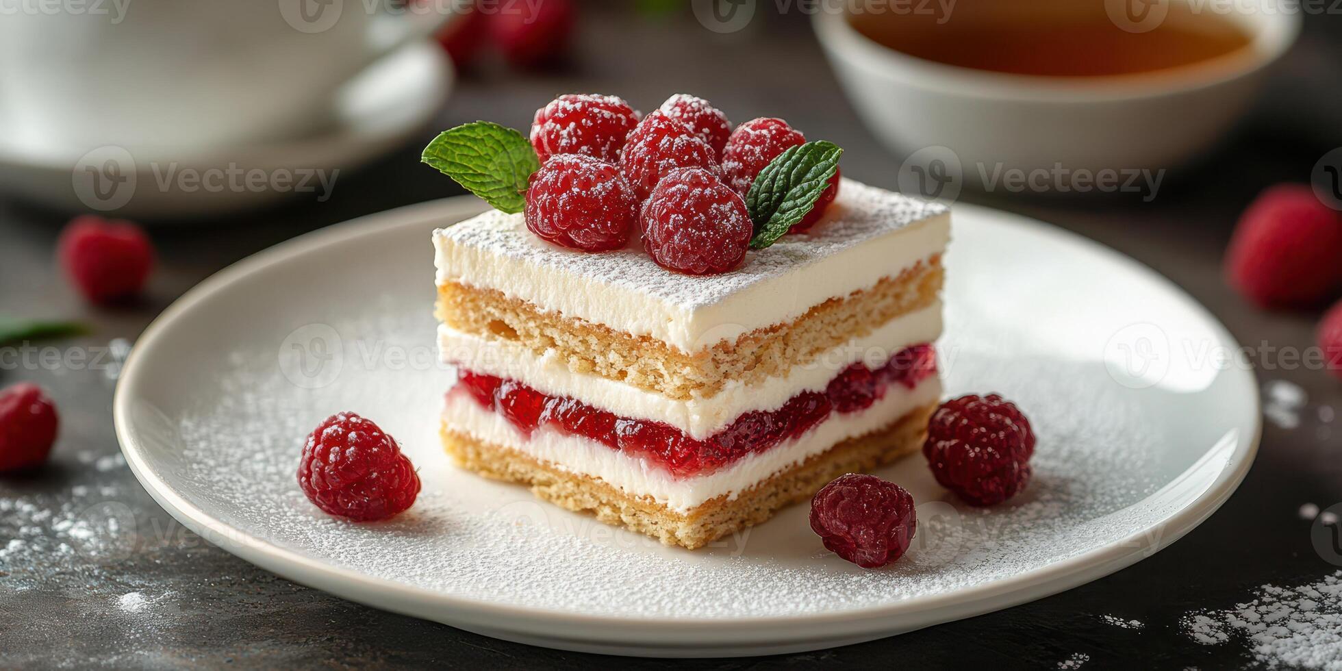 Delicious layered dessert with fresh raspberries, cream, and sponge cake served on a white plate in a cozy cafe photo