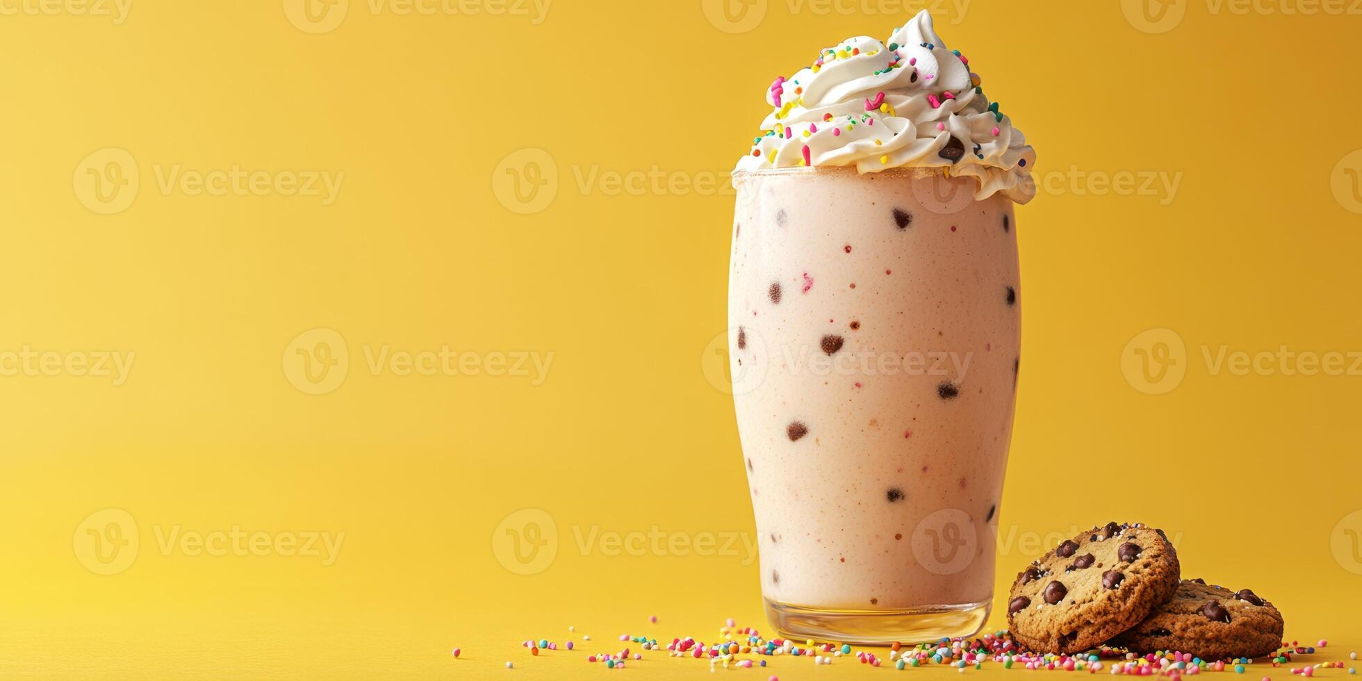 Creamy milkshake topped with whipped cream and colorful sprinkles alongside chocolate chip cookies on yellow backdrop photo