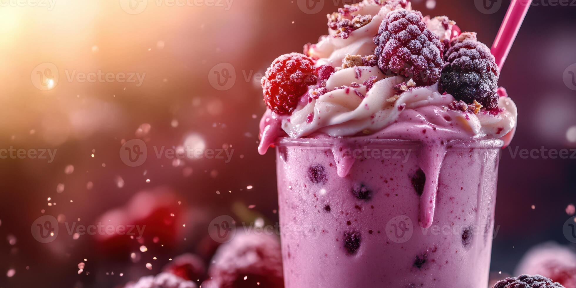 Creamy raspberry shake topped with berries and whipped cream in a vibrant setting photo