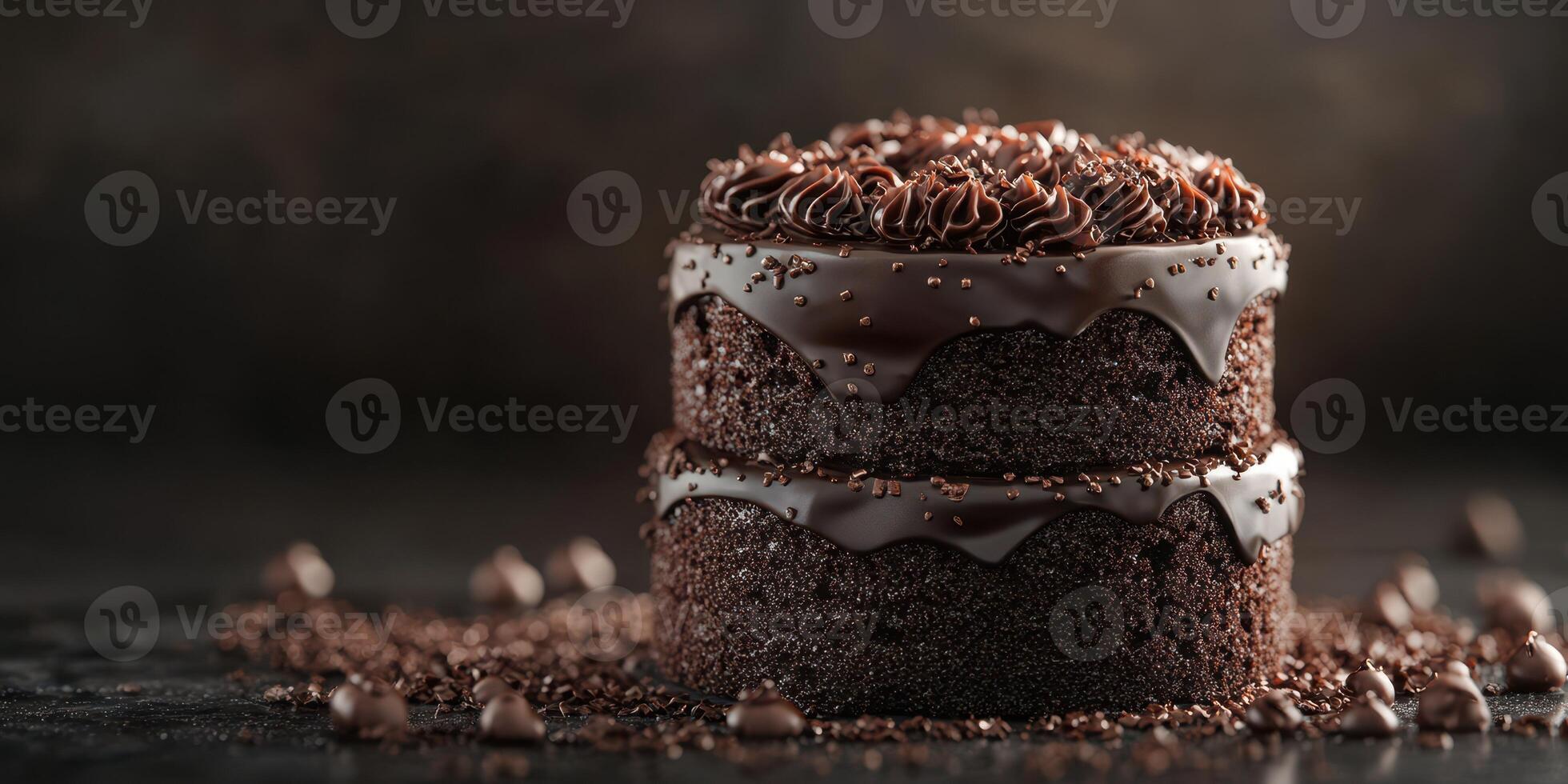 Decadent chocolate cake layered with rich frosting on a dark textured background photo