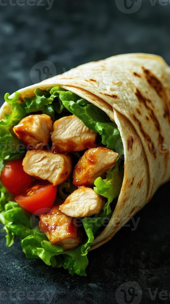 Delicious grilled chicken wrap with fresh lettuce and cherry tomatoes served on a light background photo