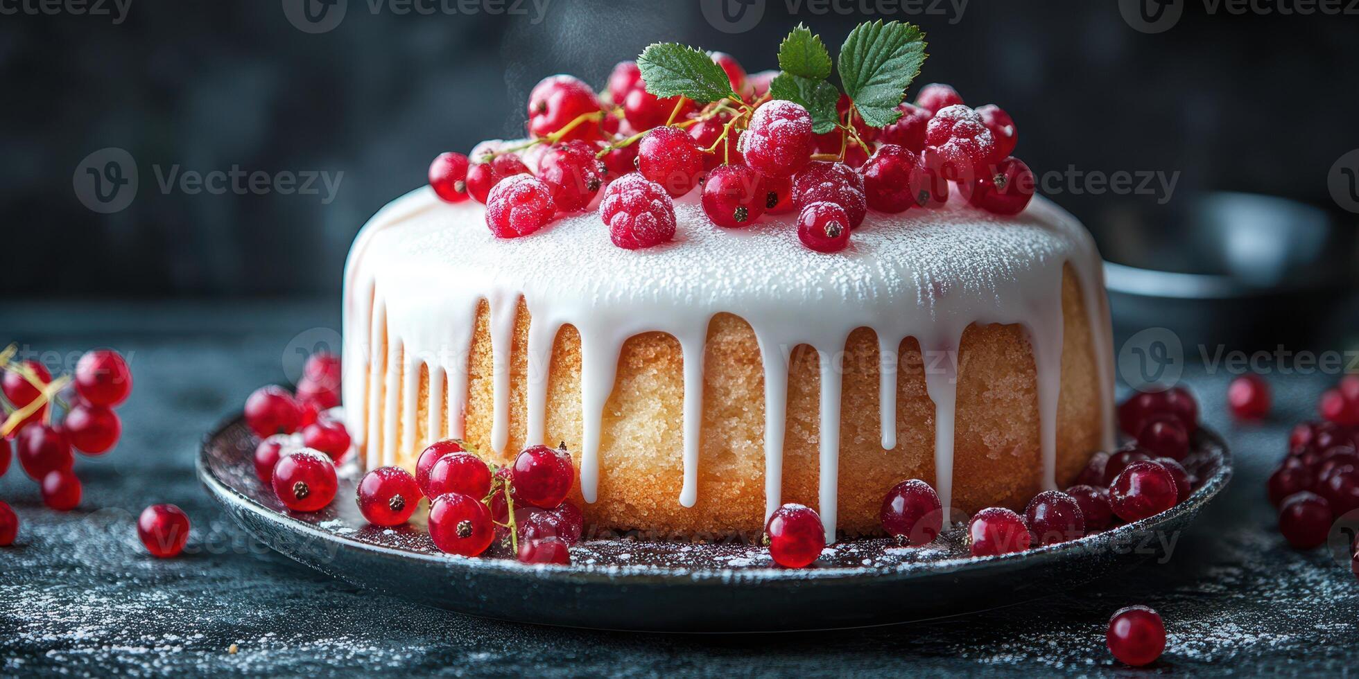 Delicious dessert with frosting and red currants on a dark wooden surface during a cozy kitchen setting photo