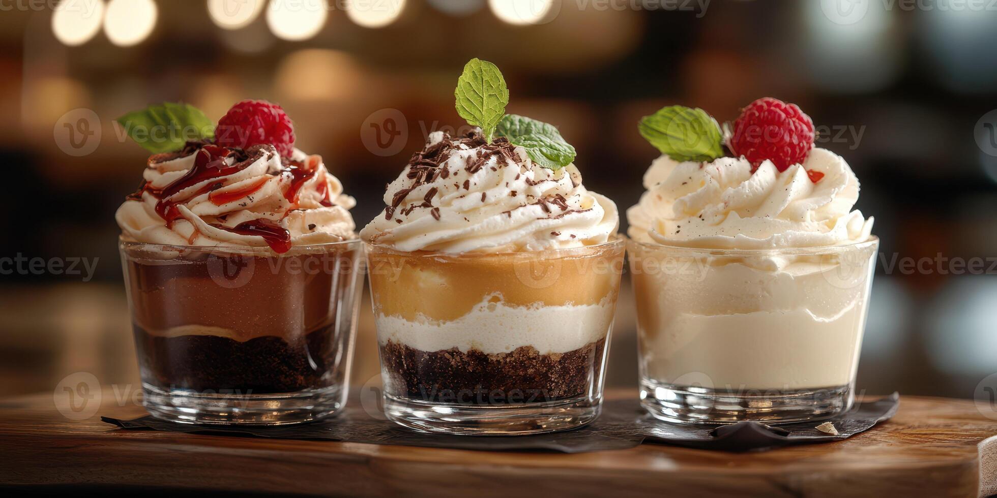 Delightful dessert cups showcasing chocolate, caramel, and vanilla flavors with fresh raspberries and mint leaves photo