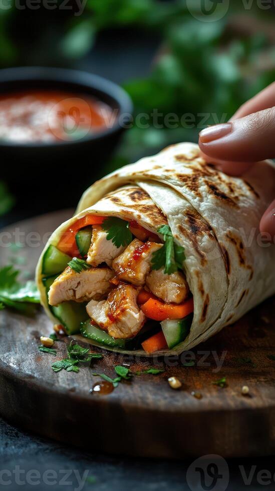 Delicious chicken wrap filled with fresh vegetables and garnished with herbs on a wooden board photo