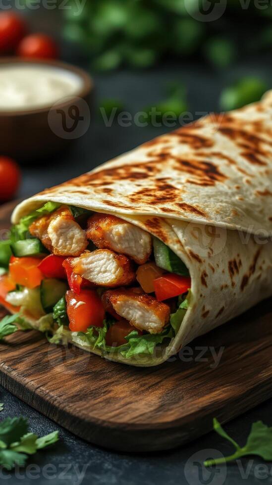 Delicious chicken wrap filled with fresh vegetables served on a wooden board in a cozy restaurant setting photo