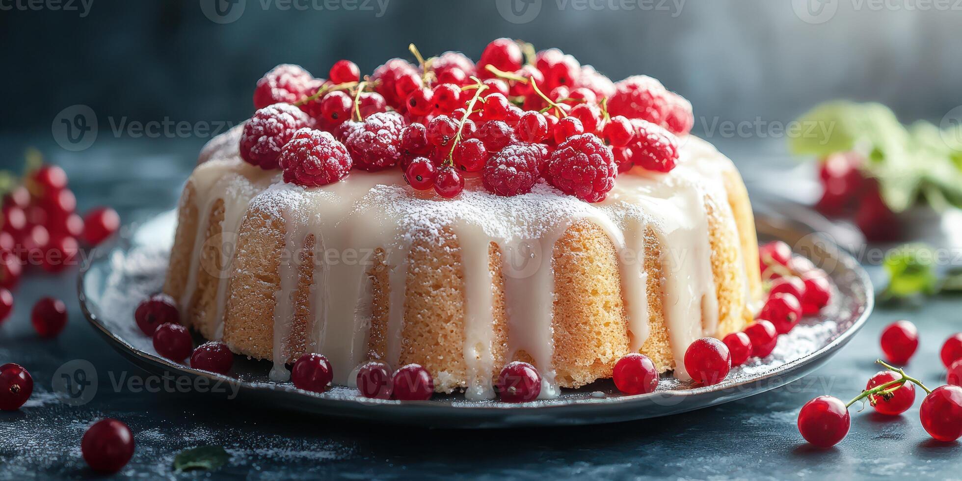 Delicious raspberry cake topped with fresh berries and icing on a dark background photo