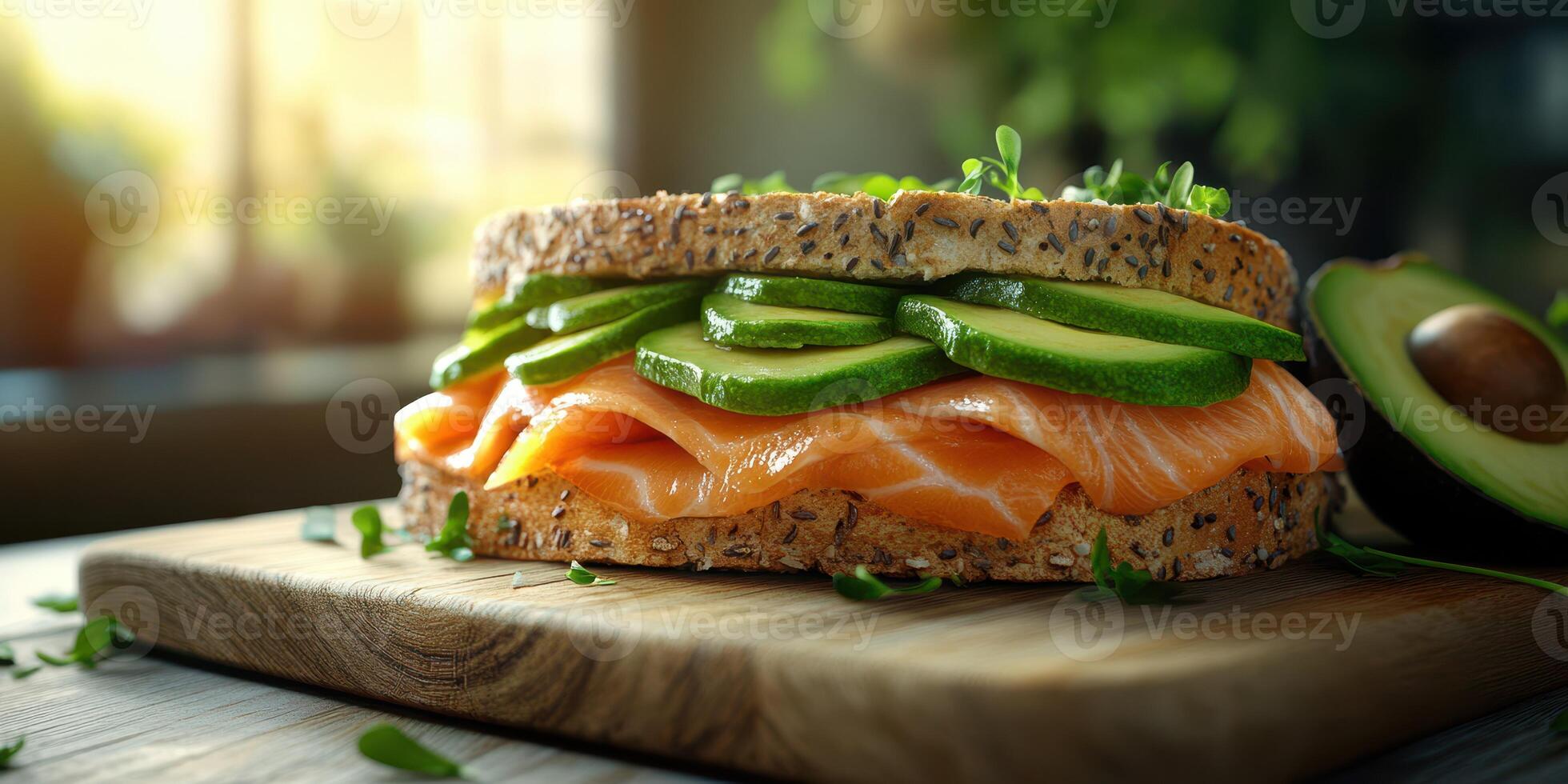 Delicious salmon sandwich with cucumbers on whole grain bread served on wooden board photo