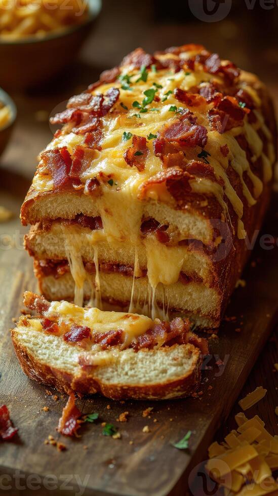 Cheesy bacon pull-apart bread on a wooden board with melted cheese and crispy topping photo