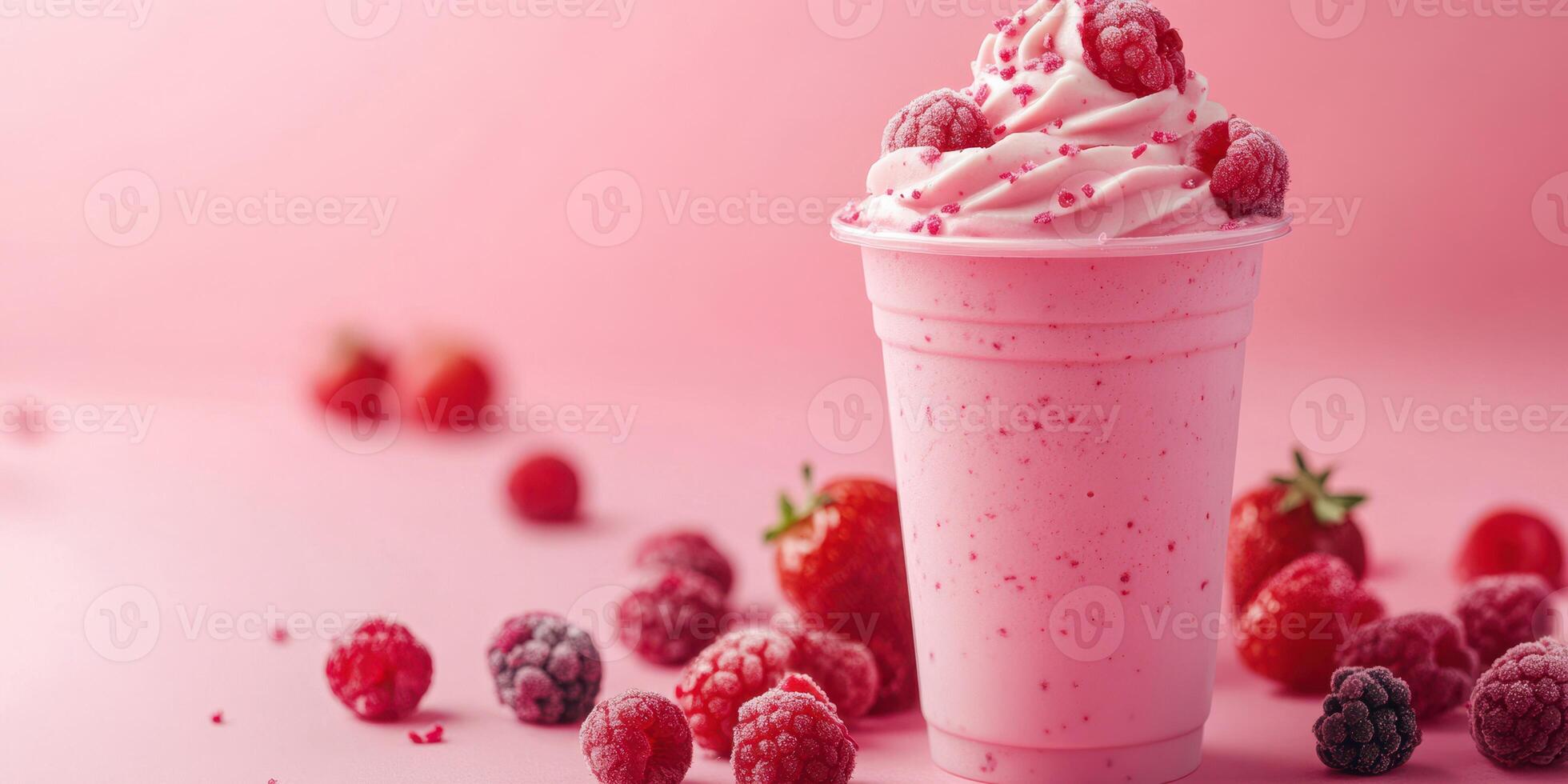 Delicious pink raspberry milkshake garnished with whipped cream and fresh berries on a pastel background photo