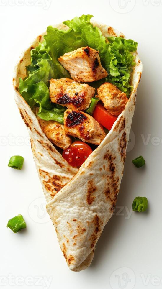Delicious grilled chicken wrap filled with fresh lettuce and tomatoes served on a clean white background photo