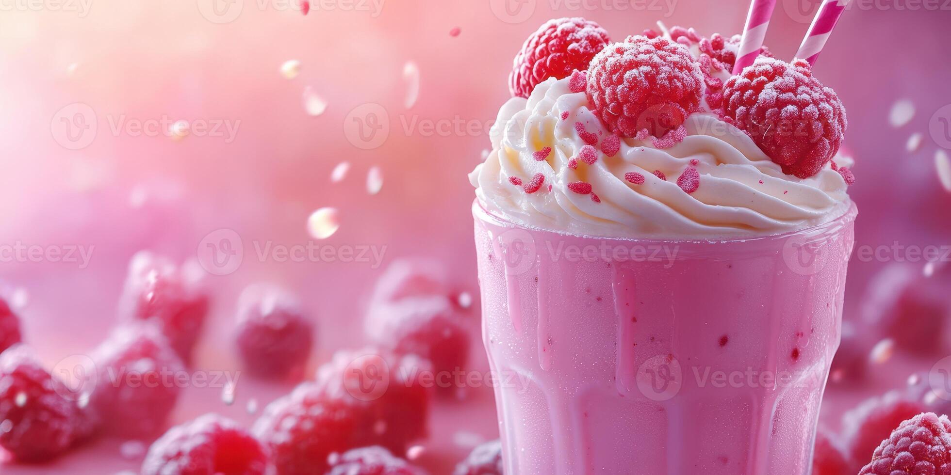Delicious raspberry milkshake topped with whipped cream and fresh fruit in a vibrant setting photo