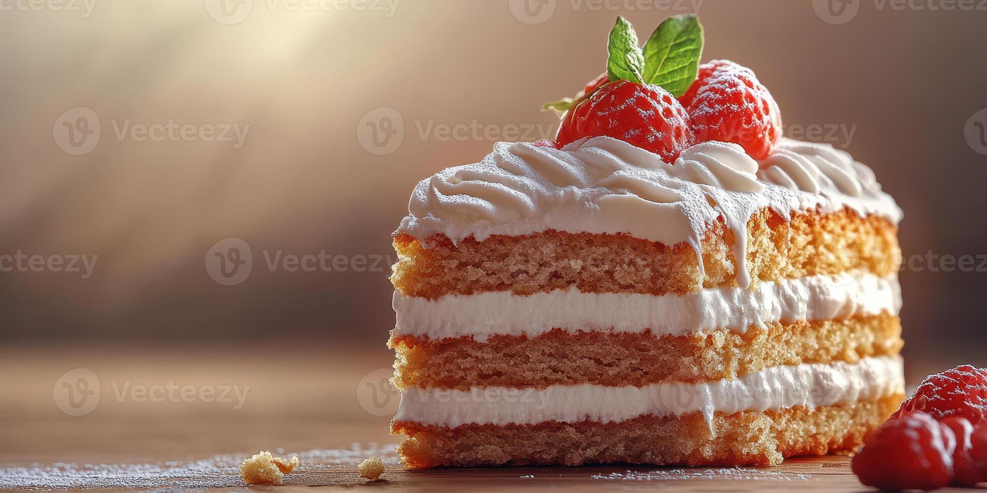 Delicious cake with fresh strawberries and cream served on a wooden table photo