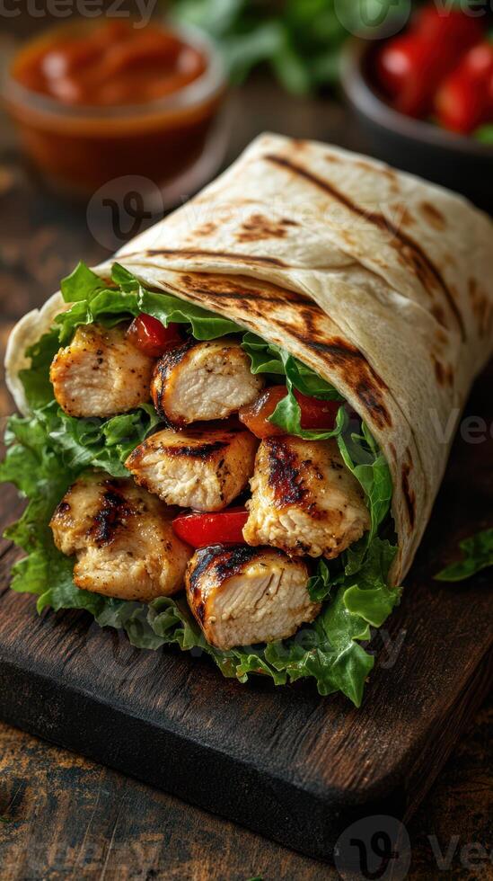 Grilled chicken wrap with fresh vegetables on a wooden cutting board in a cozy kitchen setting photo