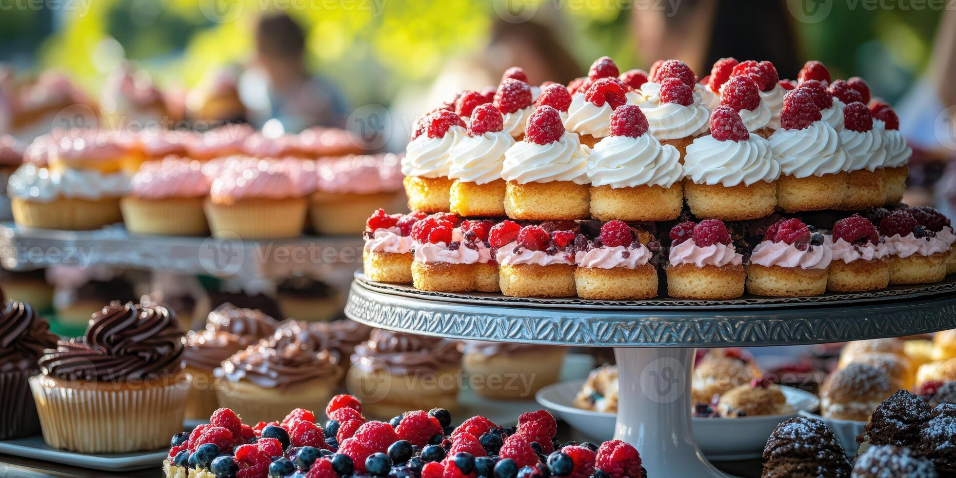 Delicious array of colorful cupcakes and pastries at a lively outdoor event in sunny weather photo