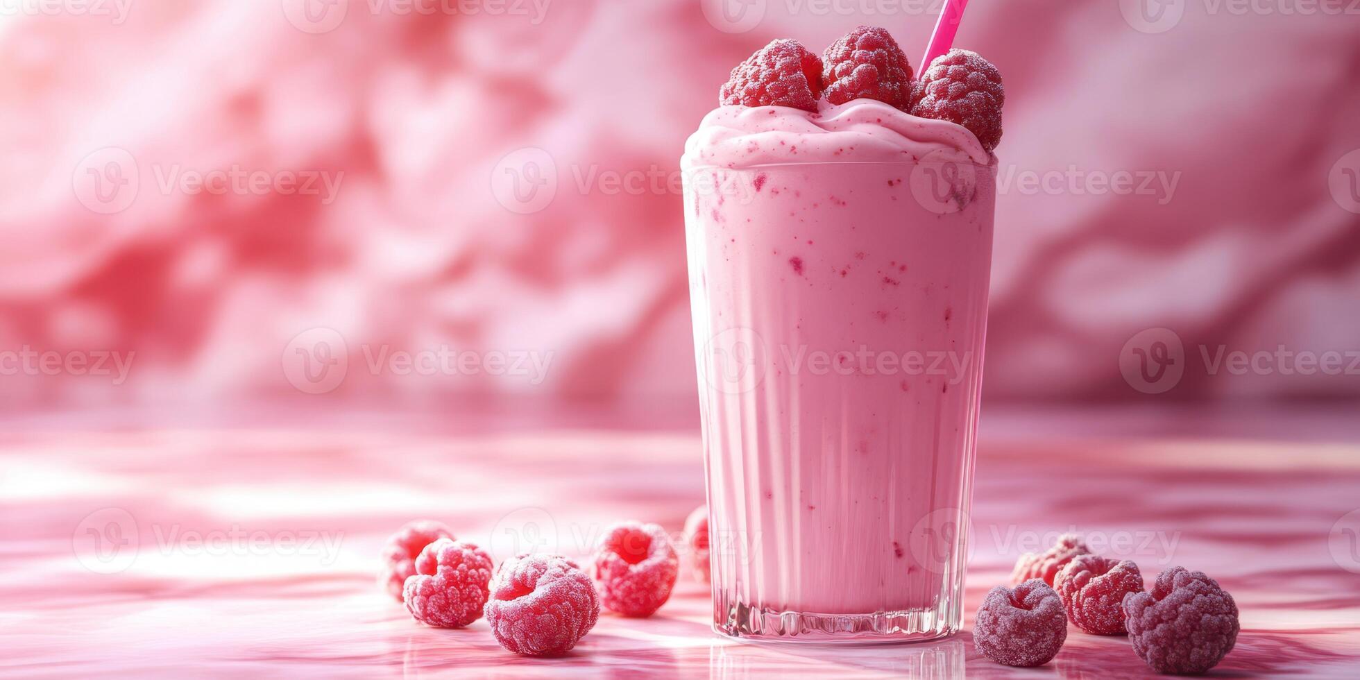 Delicious creamy raspberry smoothie served in a tall glass with fresh berries on a marble countertop photo