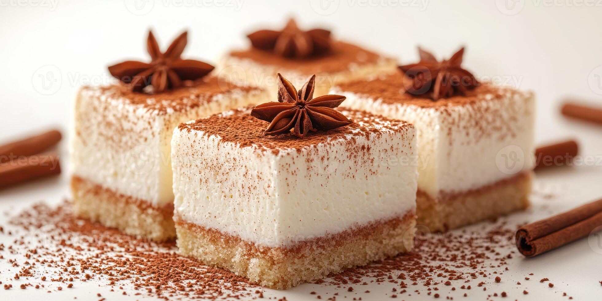 Dessert squares topped with cocoa and star anise arranged on a white background photo
