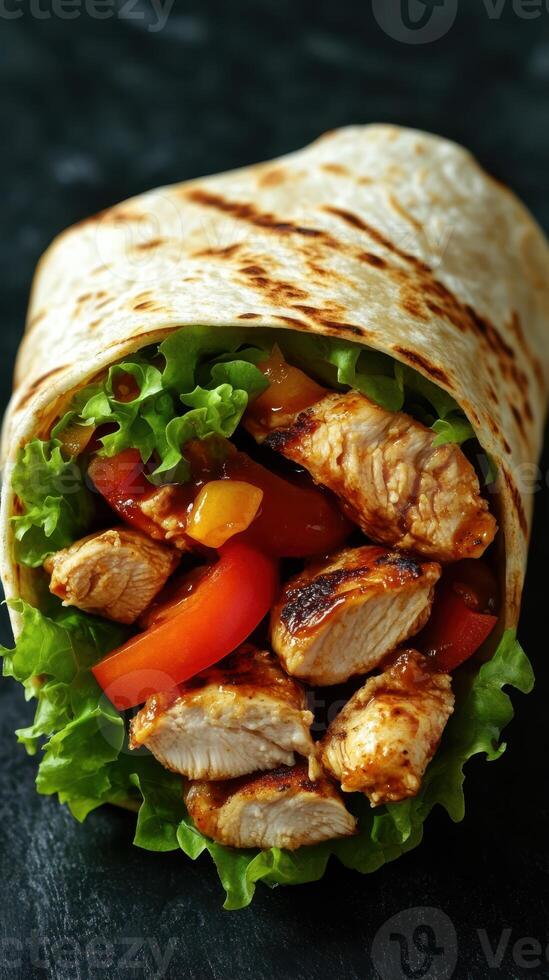 Freshly wrapped chicken and vegetable tortilla served on a textured dark background photo