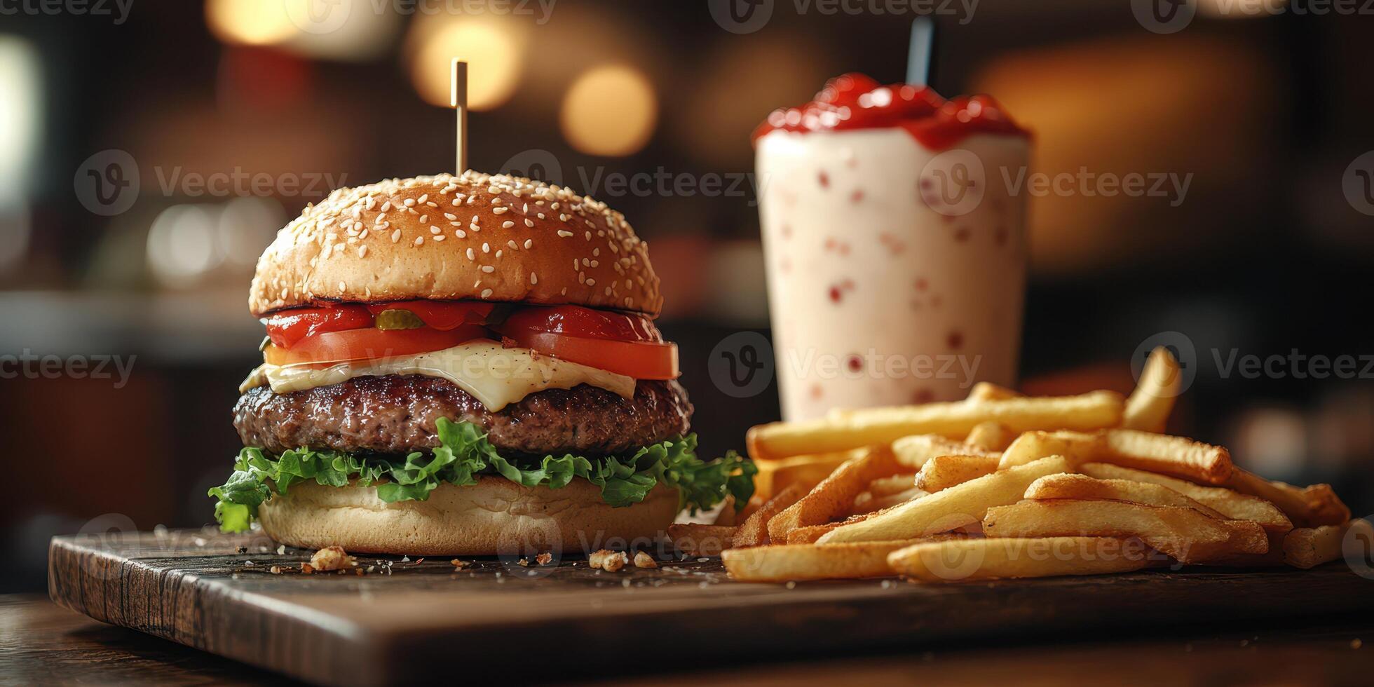 Juicy hamburger with fresh toppings, crispy fries, and a milkshake served on a wooden table at a cozy diner photo