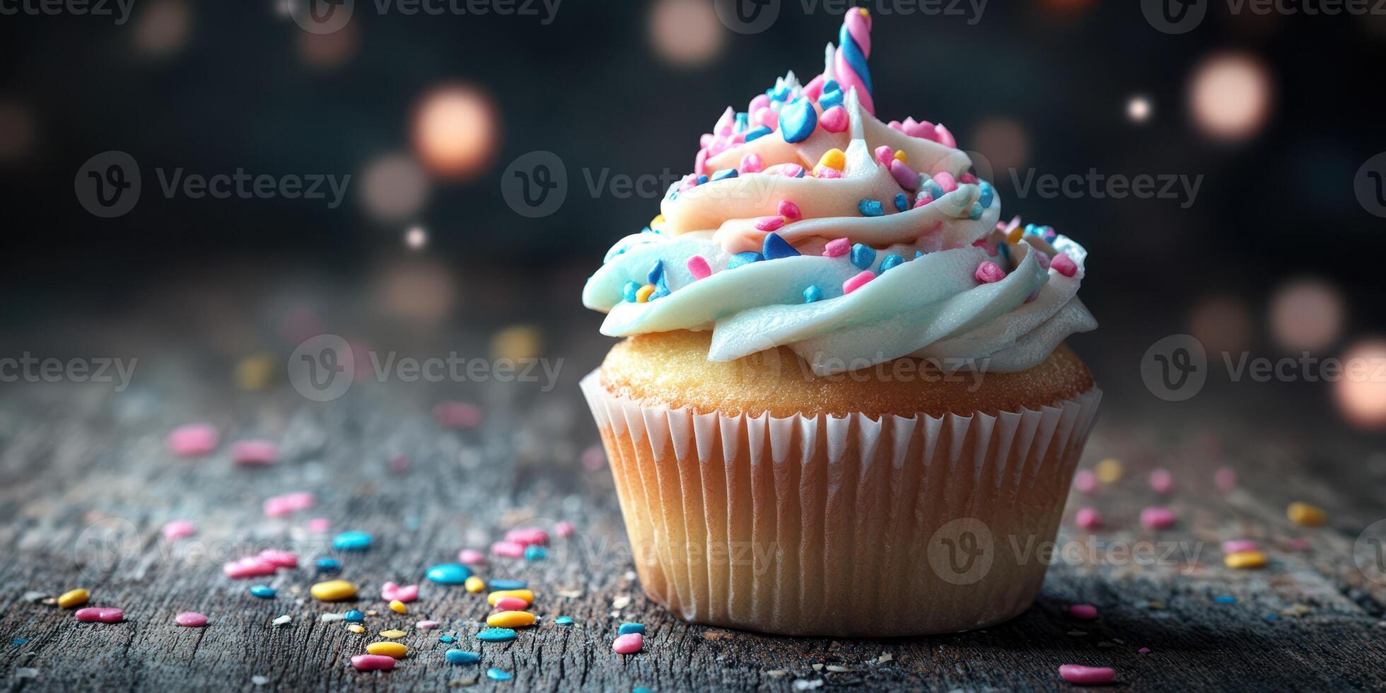 Colorful cupcake with frosting and sprinkles on a wooden surface decorated with confetti photo