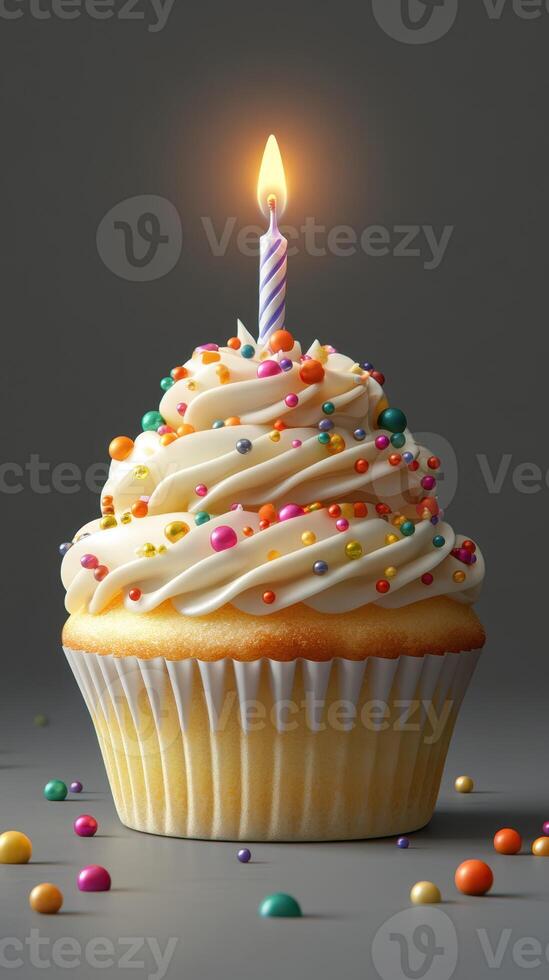 Colorful cupcake with a lit candle and sprinkles adorned for a festive celebration moment photo