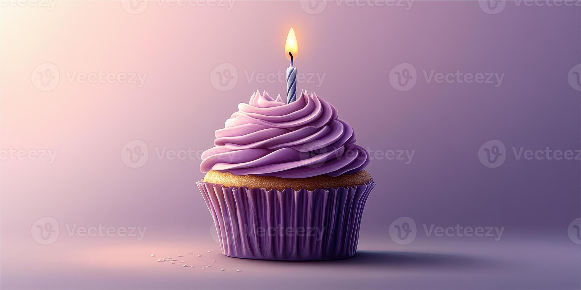 Delightful lavender cupcake with a single candle glowing softly against a purple backdrop photo