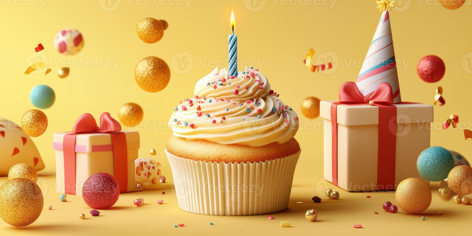 Colorful birthday cupcake surrounded by gifts and festive decorations on a bright yellow background photo