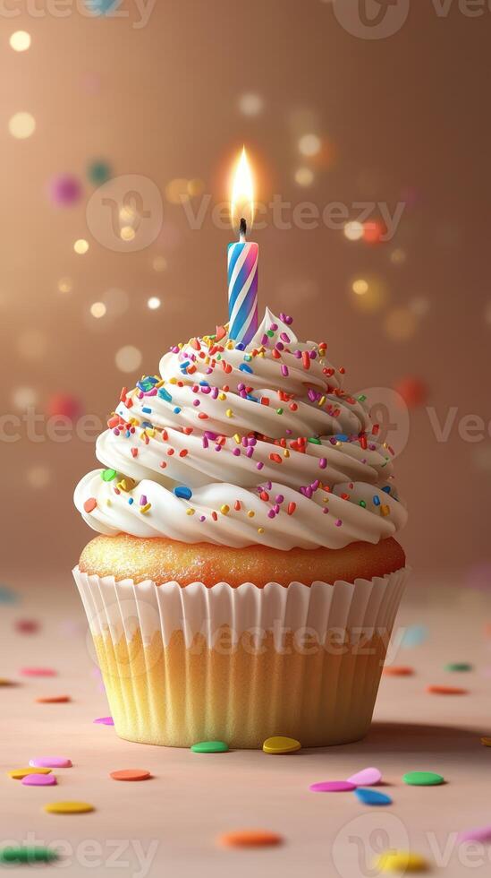 Festive birthday cupcake with sprinkles and candle illuminating the celebration atmosphere photo