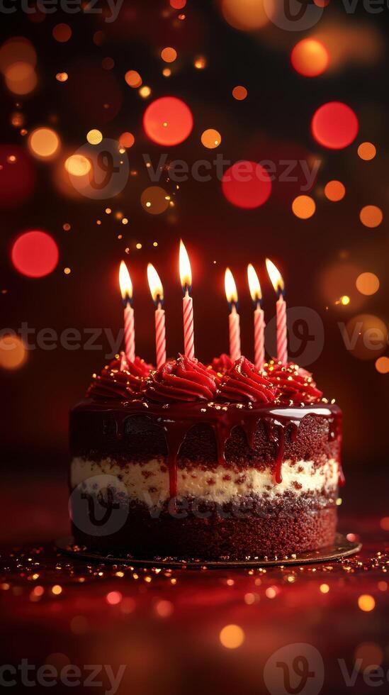 Celebrate a special occasion with a beautifully decorated cake featuring glowing candles and festive lights photo