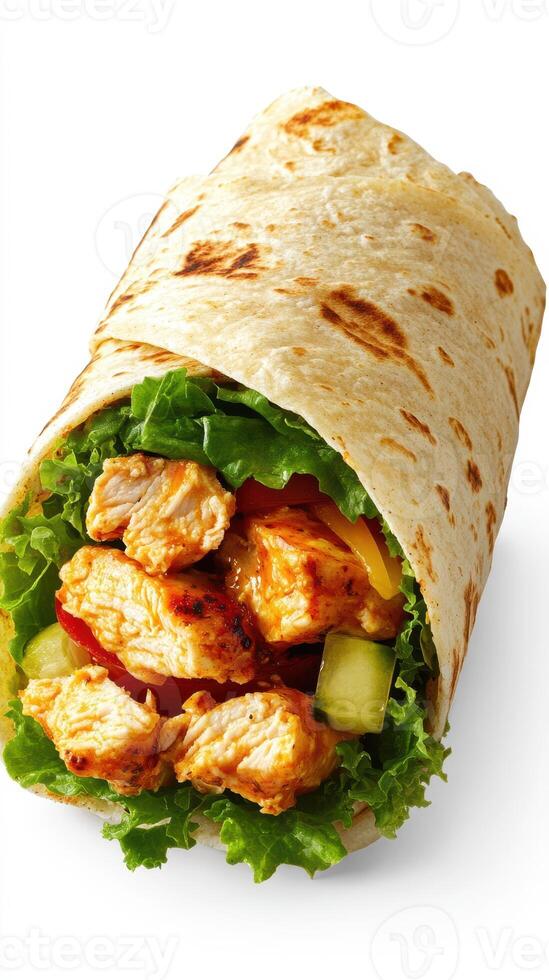 Delicious grilled chicken wrap with fresh vegetables and tangy sauce served in a warm tortilla photo