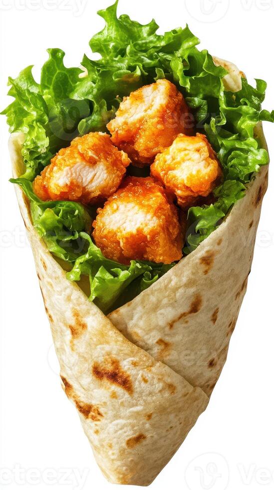 Delicious wrap with crispy chicken and fresh lettuce neatly presented for a tasty snack or meal option photo