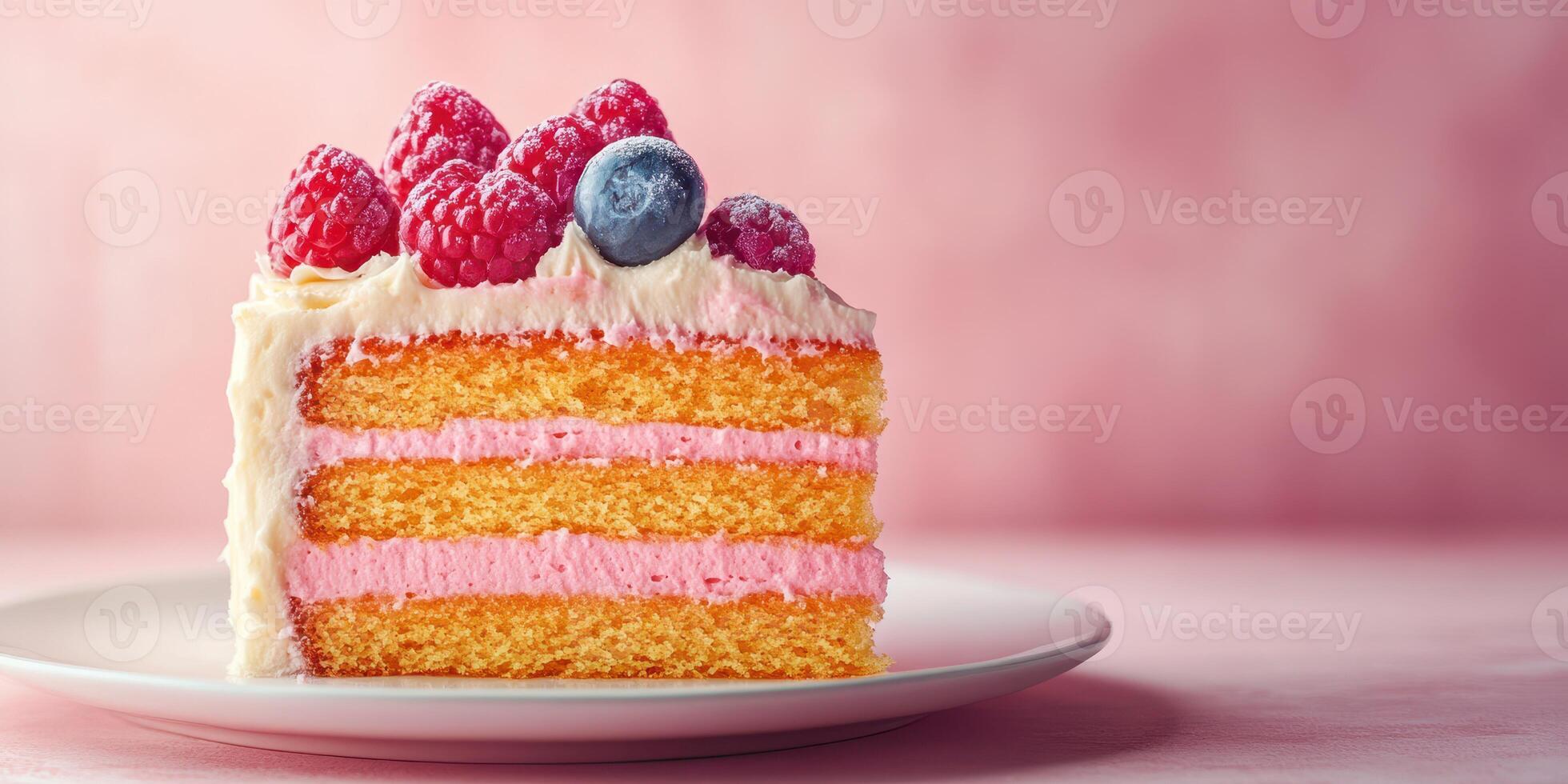 Delicious raspberry and blueberry layer cake served on a plate with a soft pink background photo