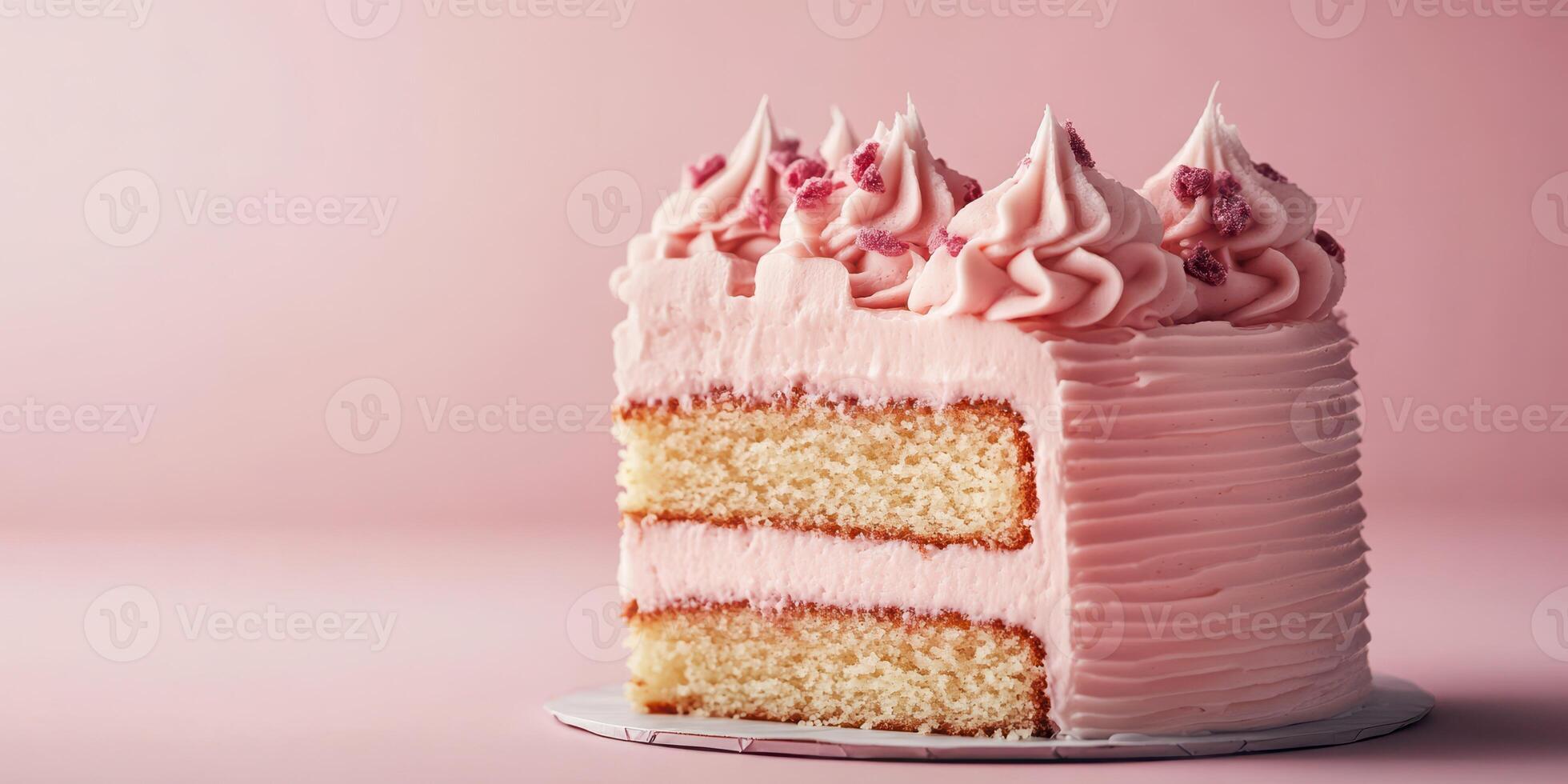 Delicious pink-frosted cake with three layers showcased on a pastel background photo