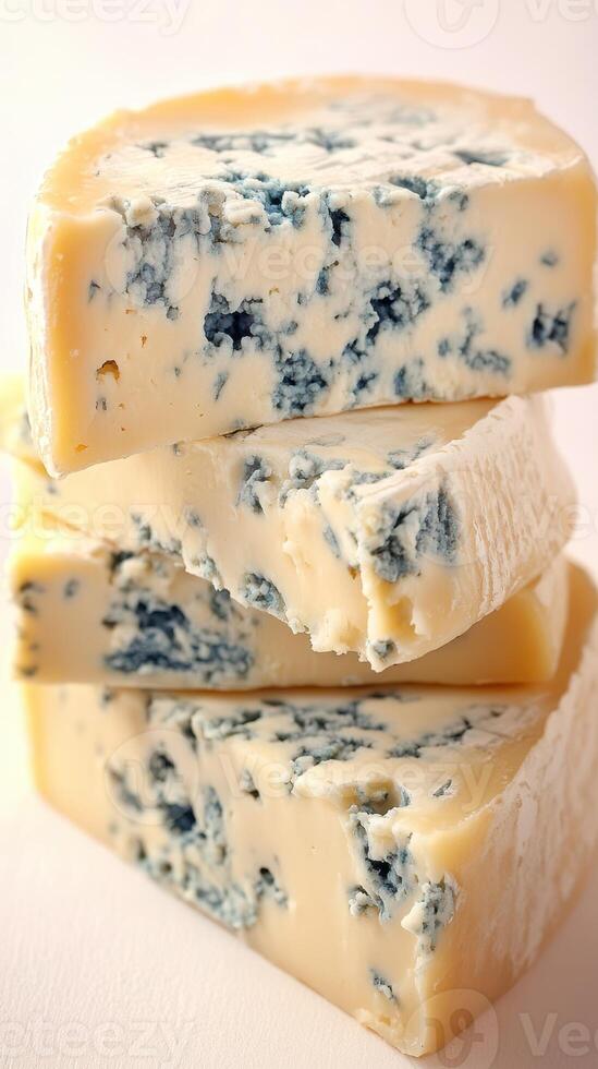 Cheese blocks stacked with blue mold on a clean surface showcasing rich texture and color variations photo