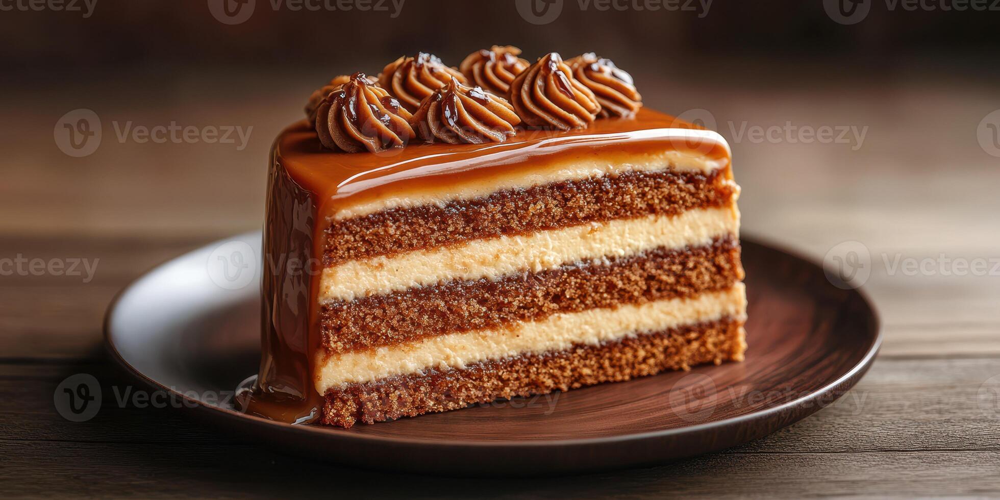 Delicious caramel cake with layered sponge and cream on a wooden table photo