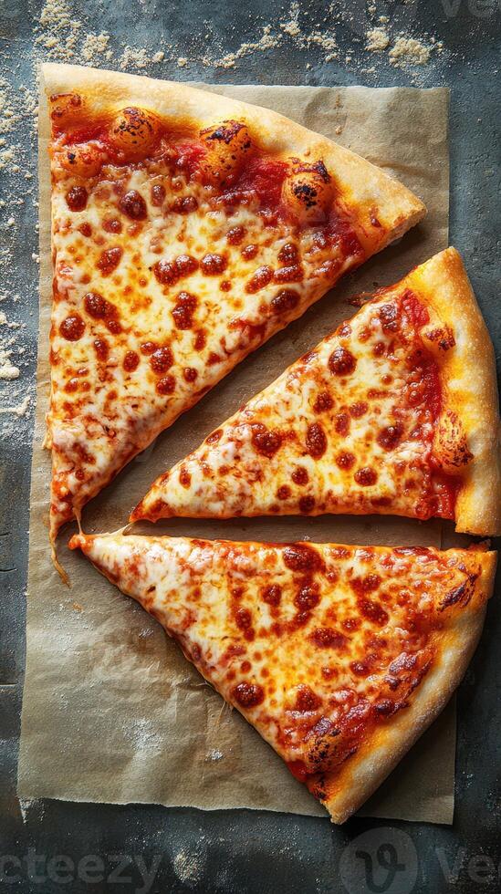 Delicious cheese pizza slices on parchment paper ready to be enjoyed for a casual meal photo