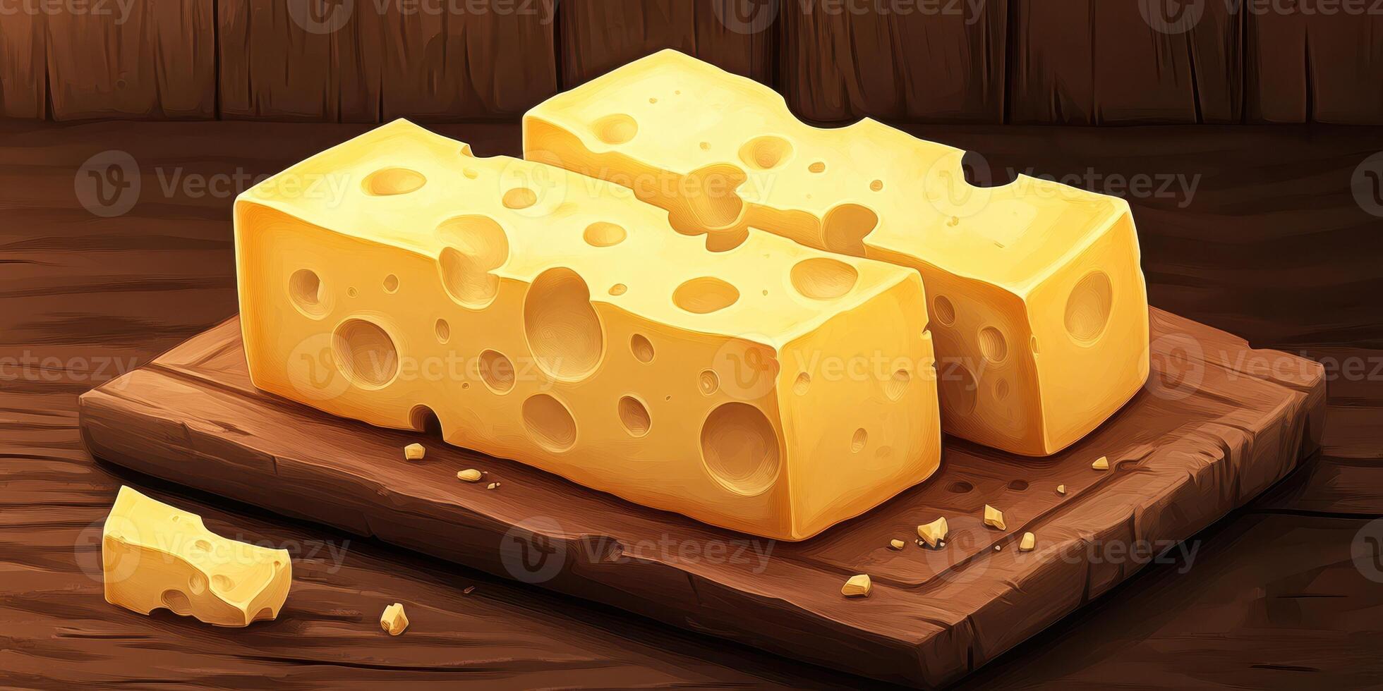 Blocks of cheese arranged on a wooden cutting board with a rustic background in a cozy kitchen setting photo