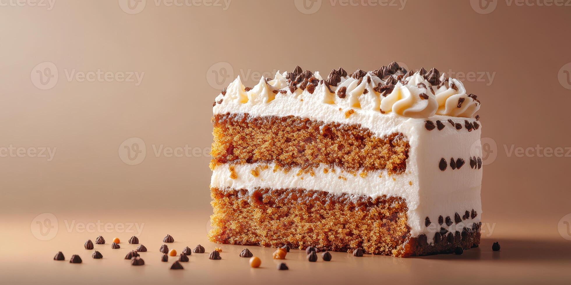 Delicious chocolate chip cake served with whipped cream on a neutral background photo