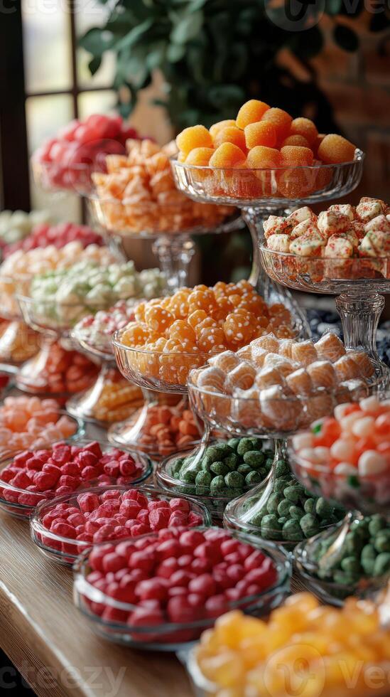 Colorful array of assorted sweets displayed beautifully at a festive gathering in a cozy venue photo