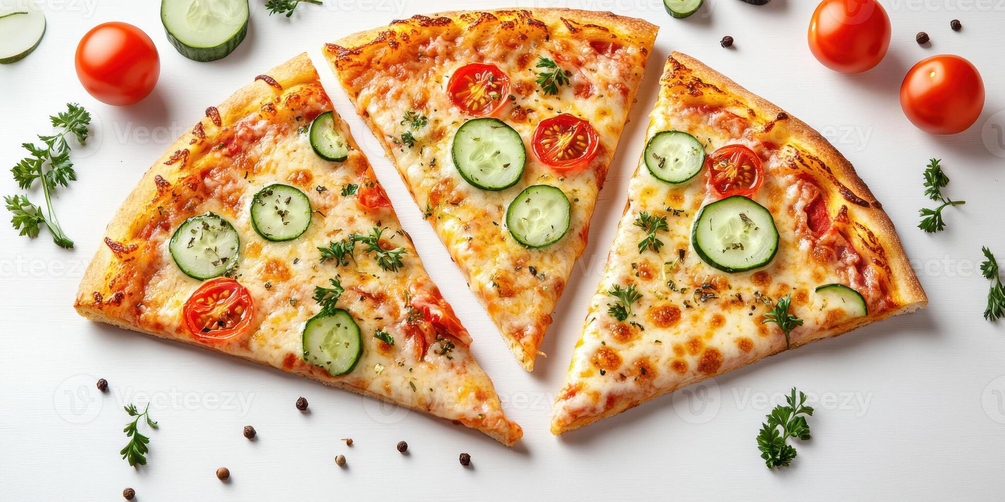 Delicious pizza slices with fresh tomatoes and cucumbers on a white surface photo