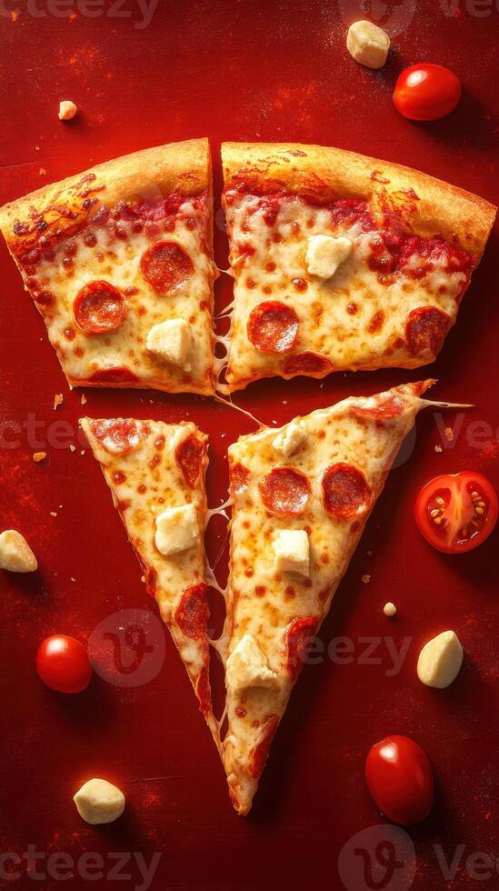 Delicious slices of pepperoni pizza with fresh tomatoes and cheese on a bright red background during a casual meal photo