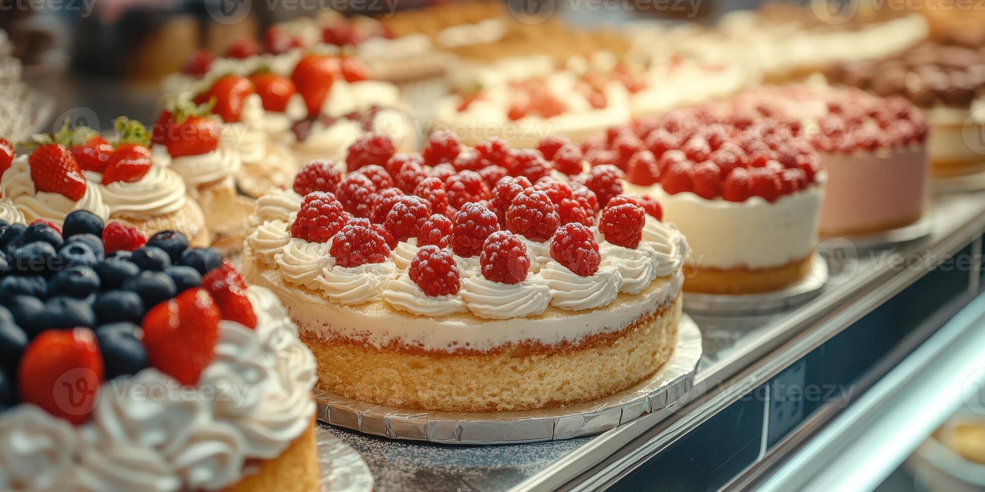 Delightful display of assorted cakes with fresh berries at a bakery in the late afternoon photo