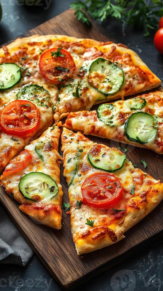 Delicious freshly baked vegetable pizza with slices of tomato and cucumber served on a wooden board photo