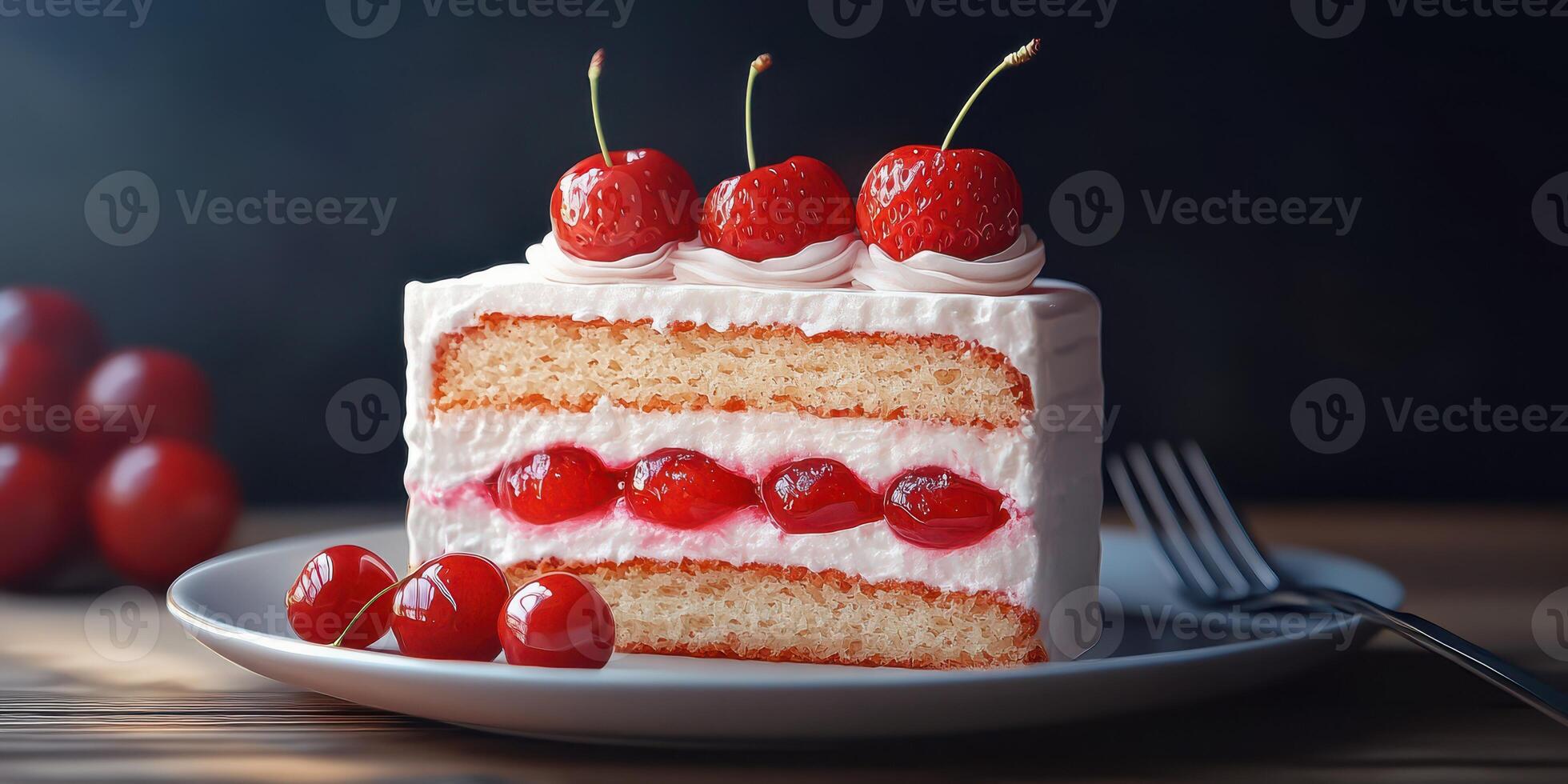 Decadent cake layered with cream and cherries on a plate, served in a cozy setting photo