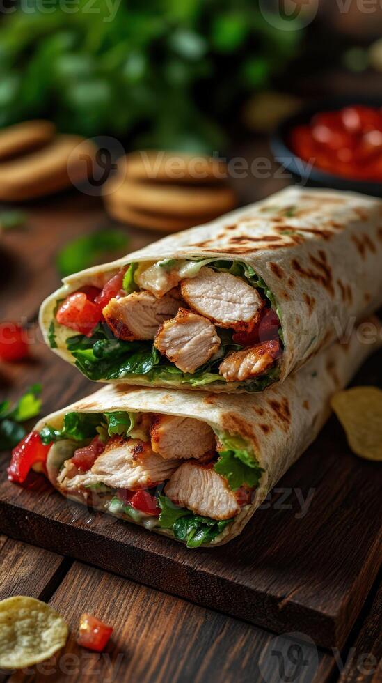 Delicious grilled chicken wraps with fresh vegetables served on wooden table photo
