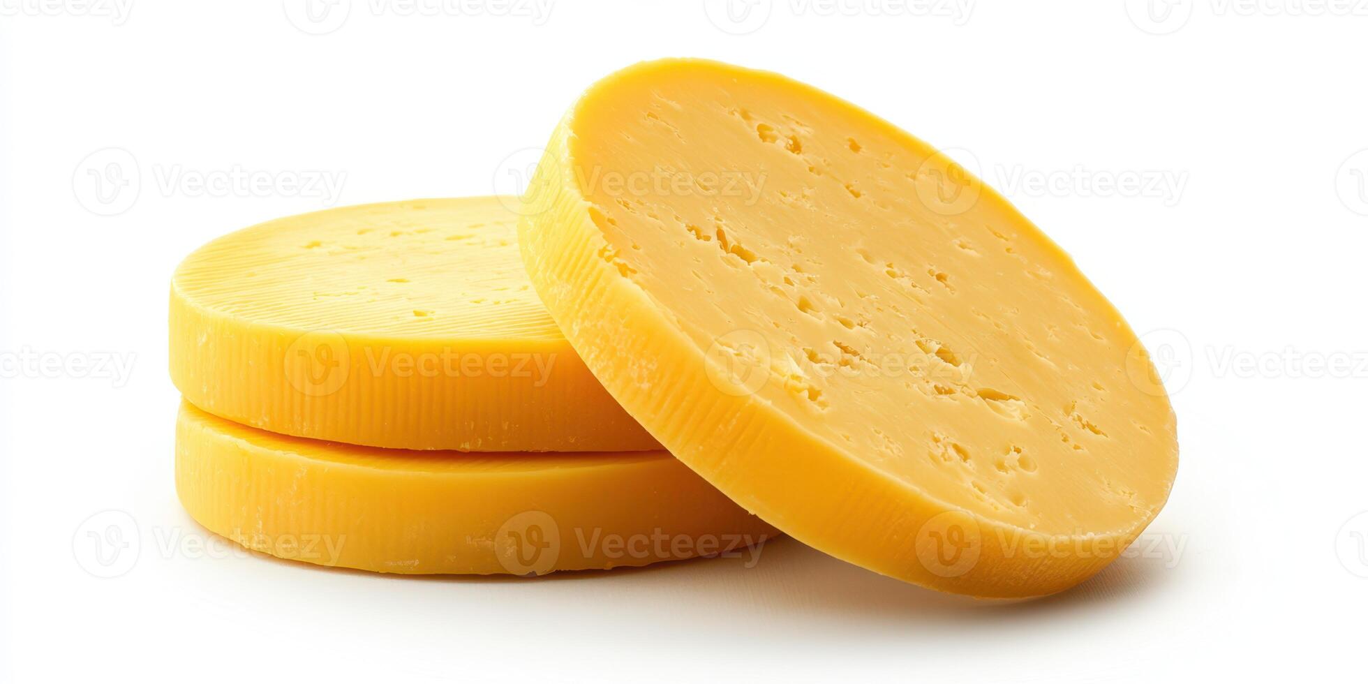 Slices of yellow cheese stacked on each other on a white background showcasing their smooth texture and rich color photo