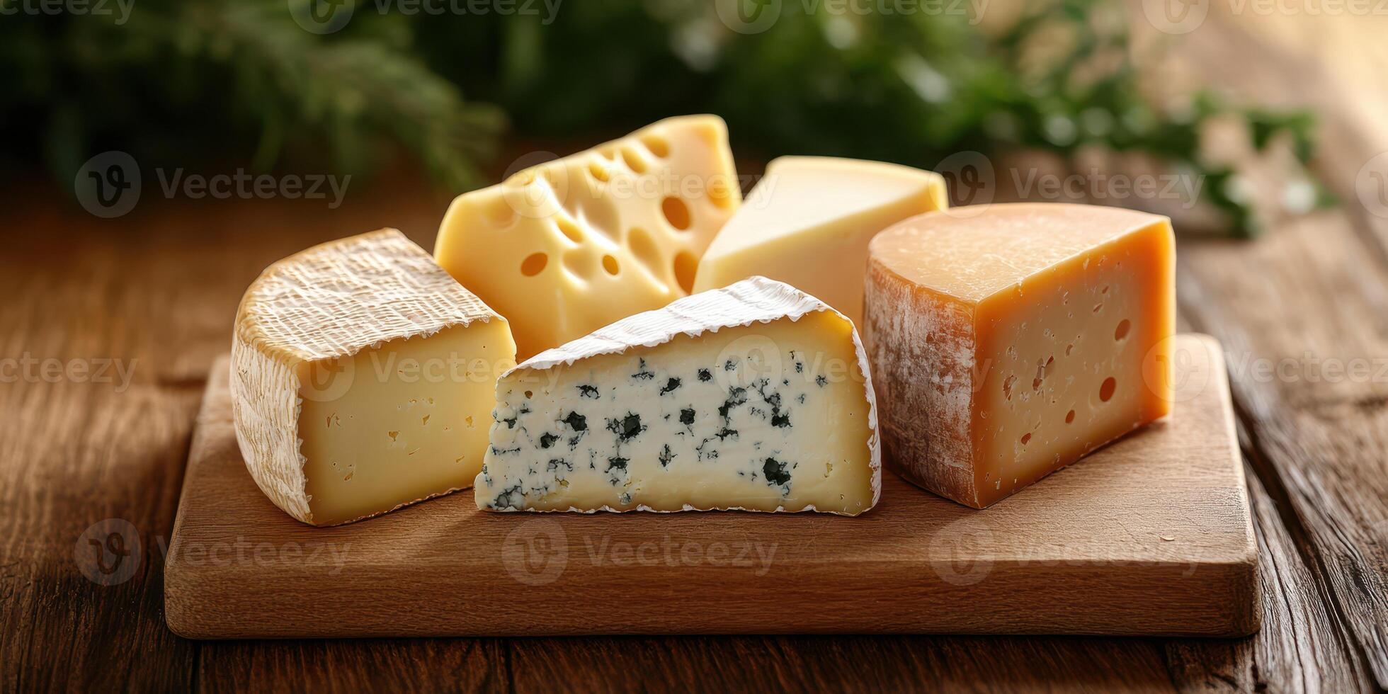 Variety of artisan cheeses arranged on a wooden board with fresh greens in the background photo