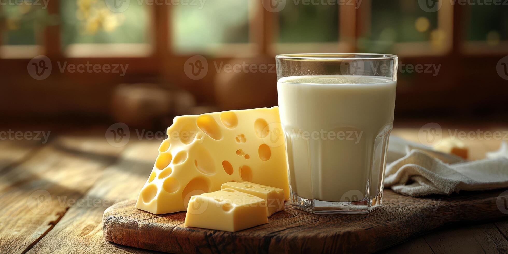 Delicious dairy pairing of creamy milk and cheese on a wooden platter in a rustic kitchen setting during daylight photo