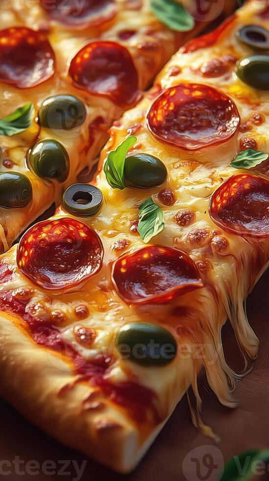 Delicious pepperoni pizza topped with olives and basil on a wooden table in a cozy dining setting photo