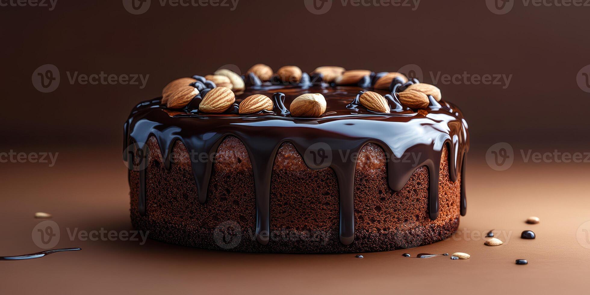 Rich chocolate cake topped with almonds and glossy ganache displayed on a dark surface photo