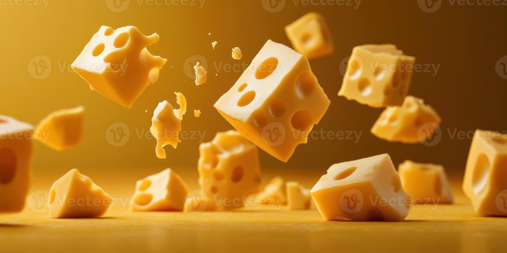 Floating pieces of cheese create a whimsical display against a golden background photo